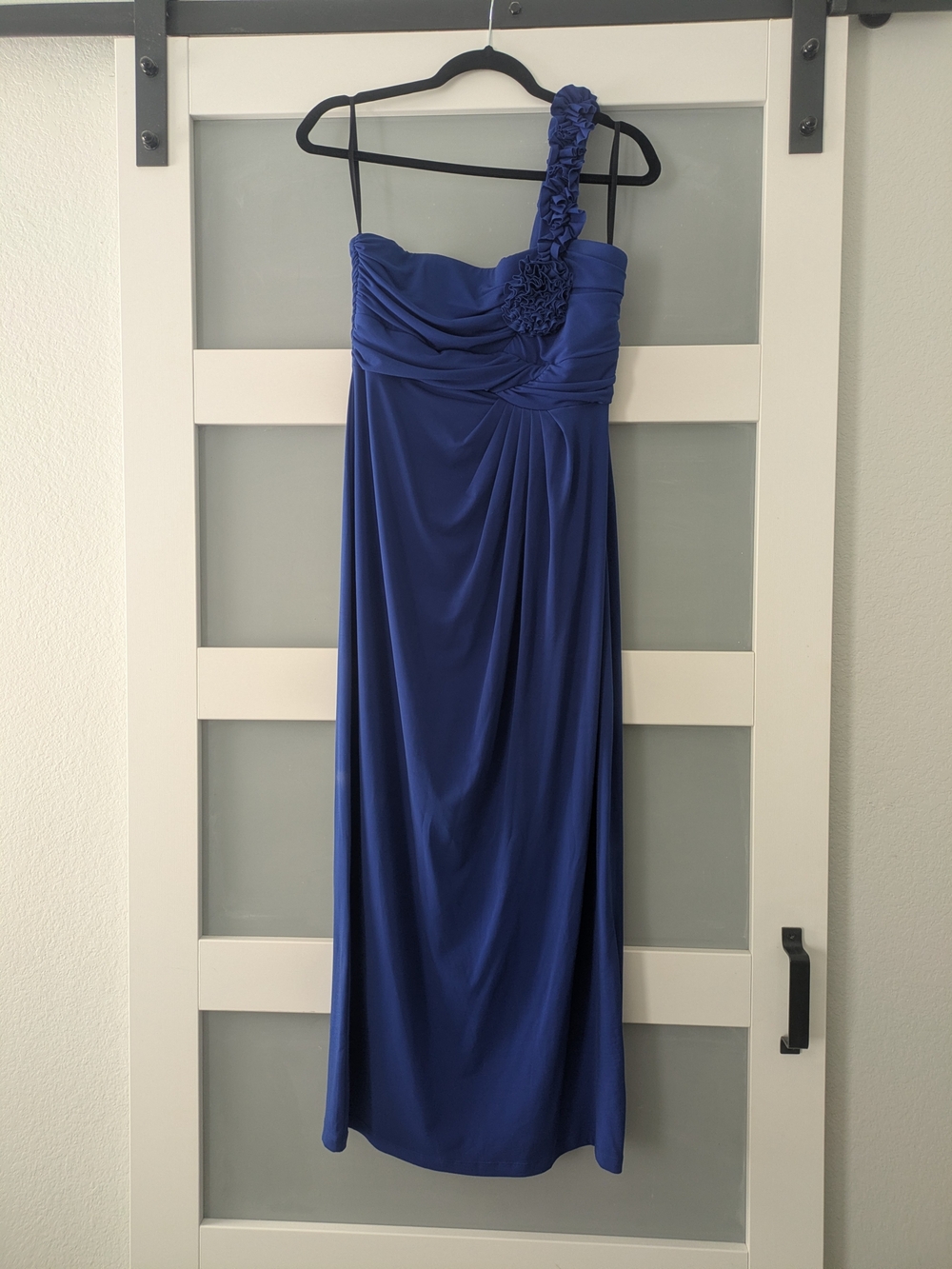 Enfocus Studio One-Shoulder Cobalt Blue Evening Gown with Floral Strap
